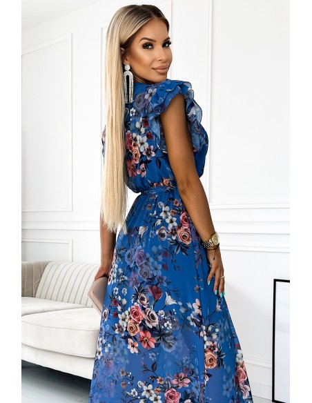  473-1 ARIA Long dress with a neckline and short sleeves - blue with flowers 