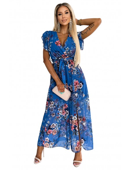  473-1 ARIA Long dress with a neckline and short sleeves - blue with flowers 