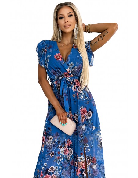  473-1 ARIA Long dress with a neckline and short sleeves - blue with flowers 