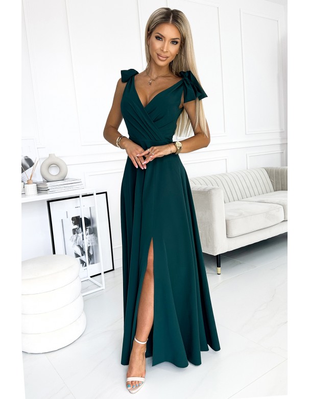  405-4 ELENA Long dress with a neckline and ties on the shoulders - GREEN 