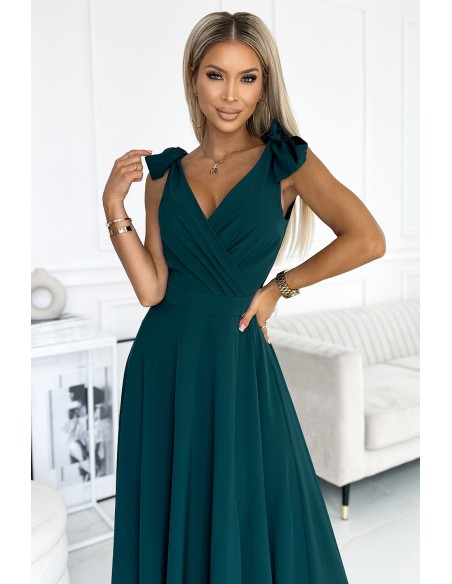  405-4 ELENA Long dress with a neckline and ties on the shoulders - GREEN 