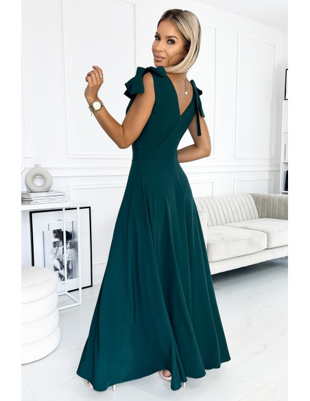  405-4 ELENA Long dress with a neckline and ties on the shoulders - GREEN 