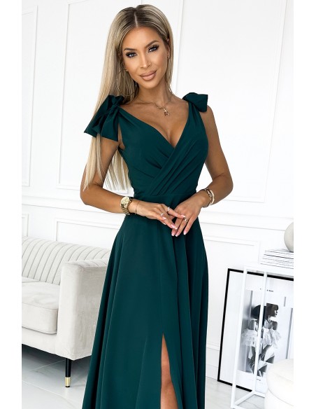  405-4 ELENA Long dress with a neckline and ties on the shoulders - GREEN 