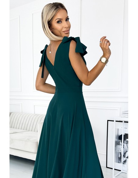  405-4 ELENA Long dress with a neckline and ties on the shoulders - GREEN 