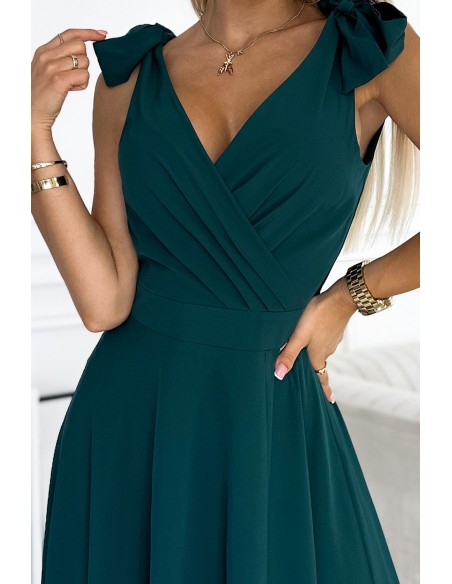  405-4 ELENA Long dress with a neckline and ties on the shoulders - GREEN 