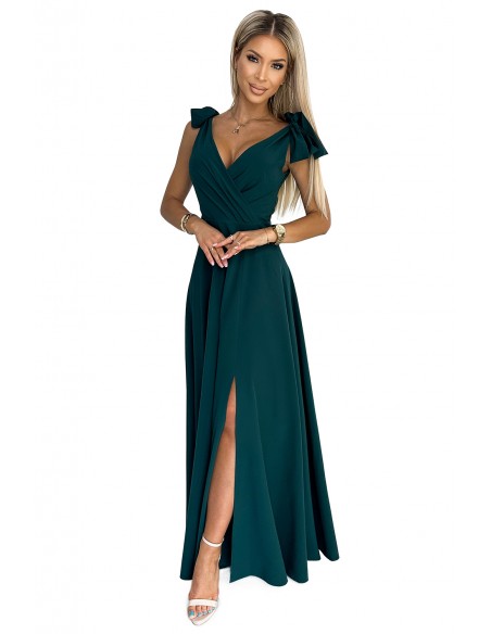  405-4 ELENA Long dress with a neckline and ties on the shoulders - GREEN 