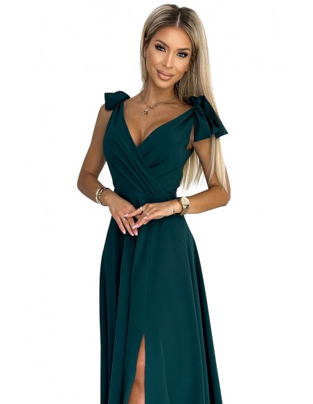  405-4 ELENA Long dress with a neckline and ties on the shoulders - GREEN 