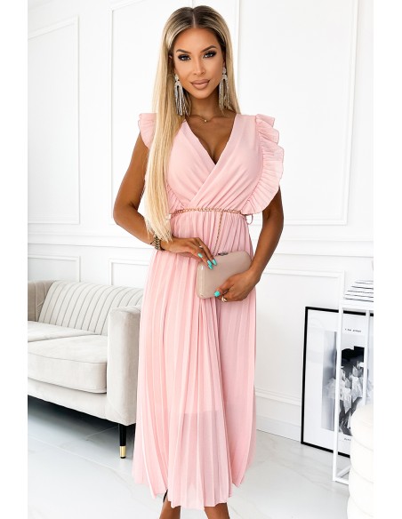  470-1 GIORGIA Pleated dress with frills, neckline and gold chain - peach 