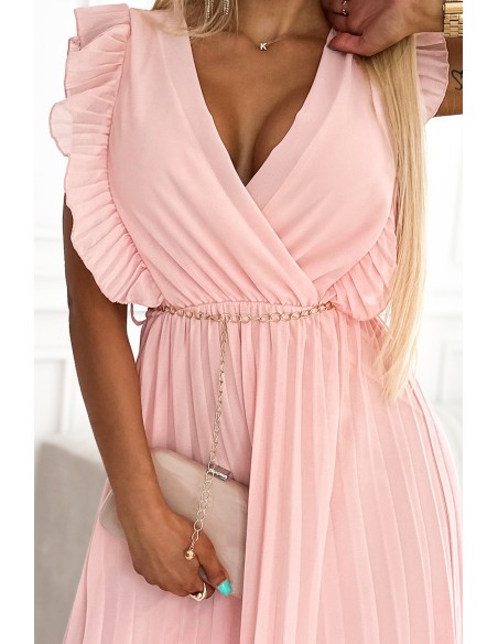  470-1 GIORGIA Pleated dress with frills, neckline and gold chain - peach 