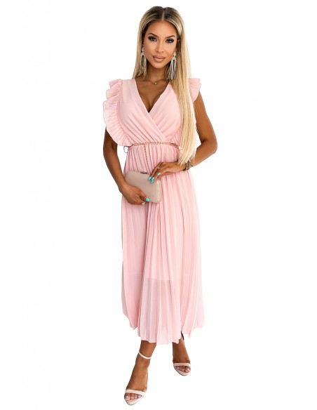  470-1 GIORGIA Pleated dress with frills, neckline and gold chain - peach 