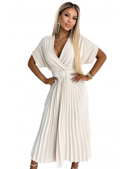  471-1 FELICIA Pleated midi dress with a neckline and a wide belt - beige 