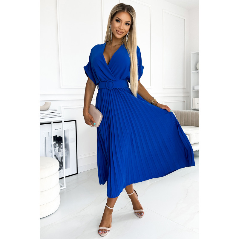  471-2 FELICIA Pleated midi dress with a neckline and a wide belt - blue 