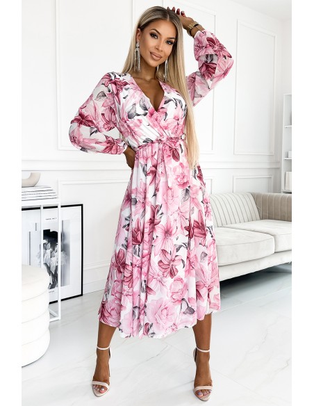  472-1 Chiffon midi dress with long sleeves and a neckline - light pink flowers on a white background 