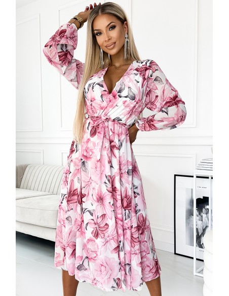  472-1 Chiffon midi dress with long sleeves and a neckline - light pink flowers on a white background 