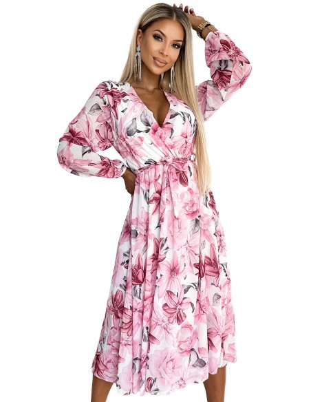  472-1 Chiffon midi dress with long sleeves and a neckline - light pink flowers on a white background 