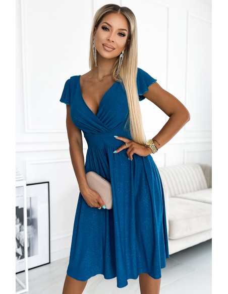  425-5 MATILDE Dress with a neckline and short sleeves - sea color with glitter 