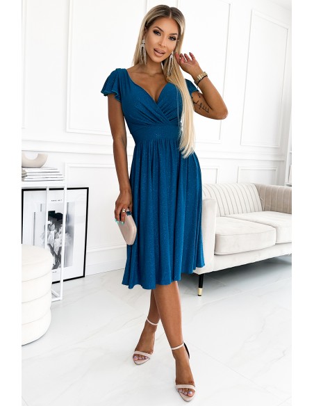  425-5 MATILDE Dress with a neckline and short sleeves - sea color with glitter 