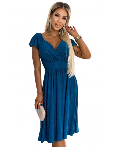  425-5 MATILDE Dress with a neckline and short sleeves - sea color with glitter 