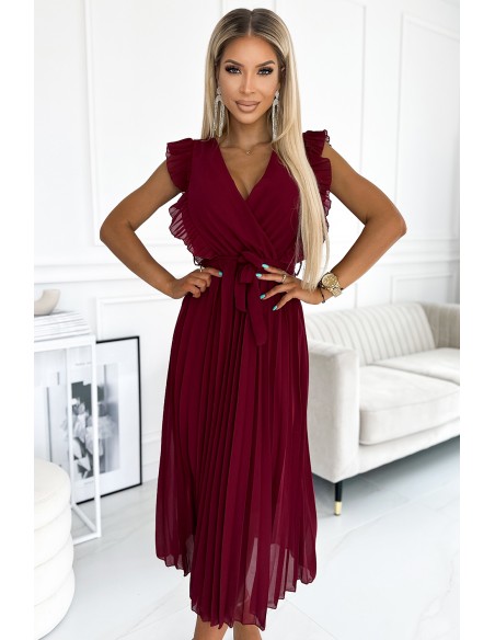  469-1 Pleated dress with frills, neckline and belt - burgundy 