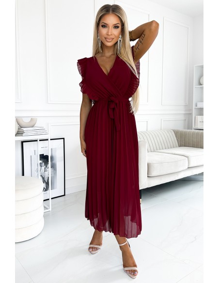  469-1 Pleated dress with frills, neckline and belt - burgundy 