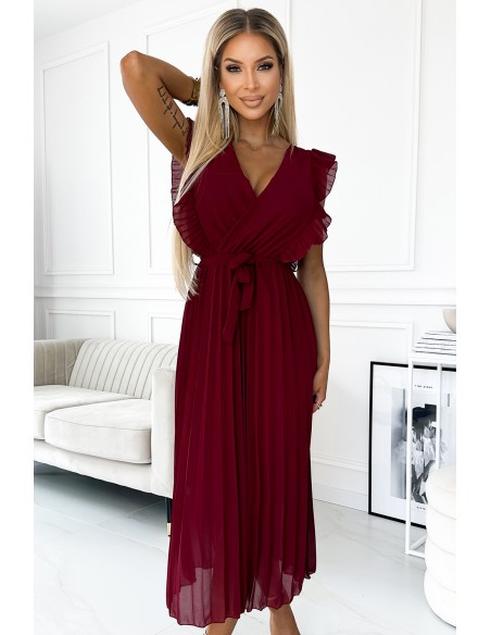  469-1 Pleated dress with frills, neckline and belt - burgundy 