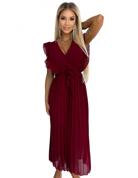  469-1 Pleated dress with frills, neckline and belt - burgundy 