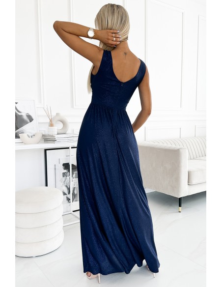  490-1 SUSAN Long brocade dress with a neckline and stitching at the waist - navy blue 