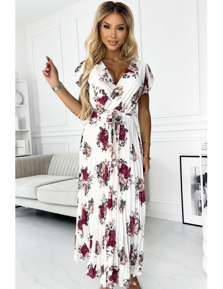  434-7 LISA Pleated midi dress with a neckline and frills - burgundy roses 