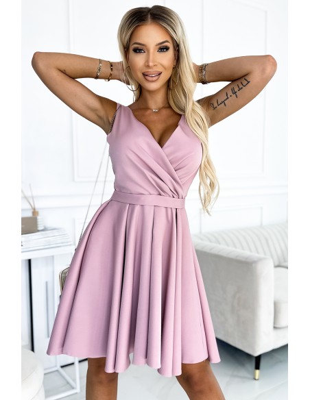  478-2 MAYA Dress with longer back, neckline and belt - dirty pink 