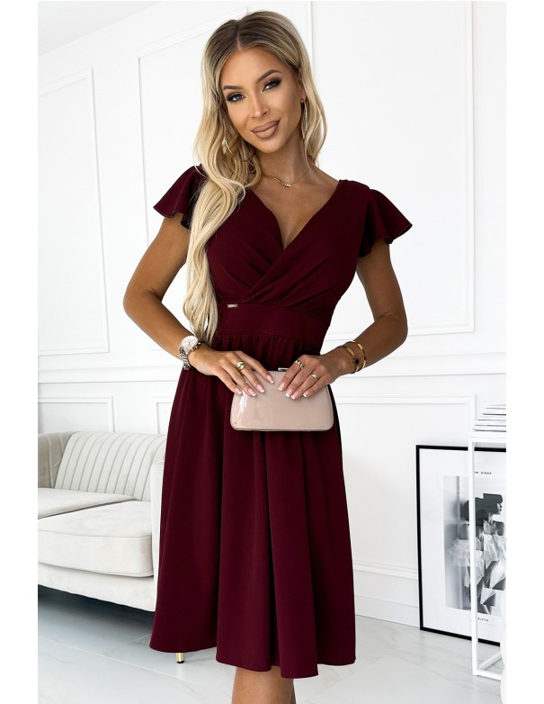  425-4 MATILDE Dress with a neckline and short sleeves - Burgundy color 