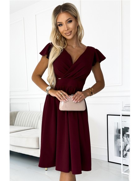  425-4 MATILDE Dress with a neckline and short sleeves - Burgundy color 