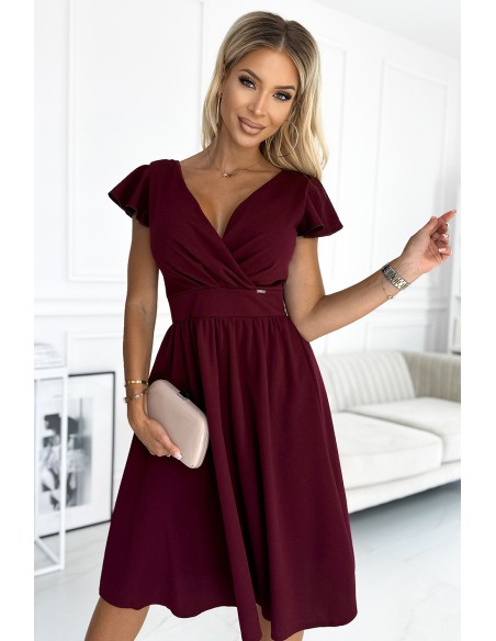  425-4 MATILDE Dress with a neckline and short sleeves - Burgundy color 