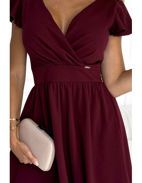  425-4 MATILDE Dress with a neckline and short sleeves - Burgundy color 