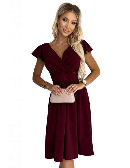  425-4 MATILDE Dress with a neckline and short sleeves - Burgundy color 