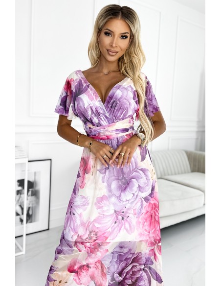  489-1 CINZIA Dress with a neckline, long waist tie and short sleeves - purple-pink large flowers - mesh 