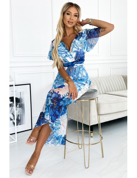  489-2 CINZIA Dress with a neckline, long waist tie and short sleeves - blue large flowers - mesh 