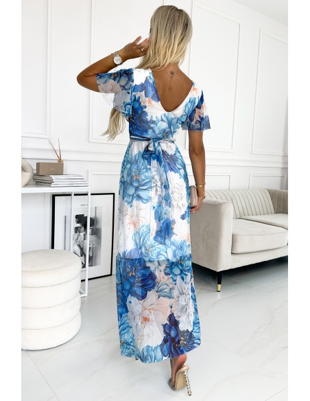  489-2 CINZIA Dress with a neckline, long waist tie and short sleeves - blue large flowers - mesh 