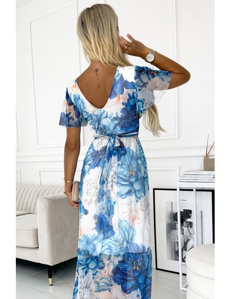  489-2 CINZIA Dress with a neckline, long waist tie and short sleeves - blue large flowers - mesh 