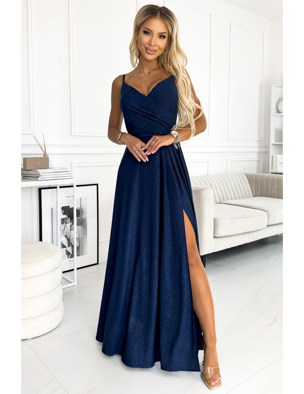  299-9 CHIARA elegant maxi dress with straps - dark blue with glitter 