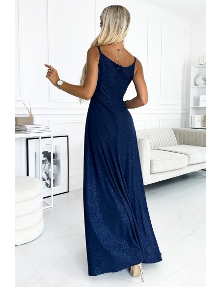  299-9 CHIARA elegant maxi dress with straps - dark blue with glitter 