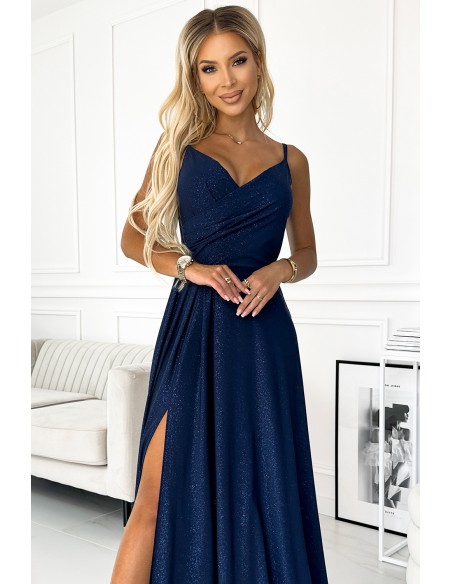  299-9 CHIARA elegant maxi dress with straps - dark blue with glitter 