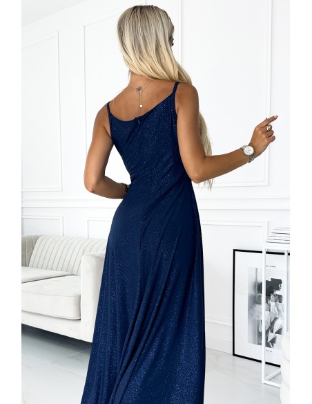  299-9 CHIARA elegant maxi dress with straps - dark blue with glitter 