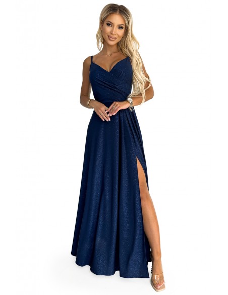  299-9 CHIARA elegant maxi dress with straps - dark blue with glitter 