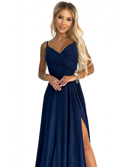  299-9 CHIARA elegant maxi dress with straps - dark blue with glitter 