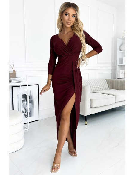  404-5 Shiny dress with a neckline and a slit on the leg - Burgundy color 