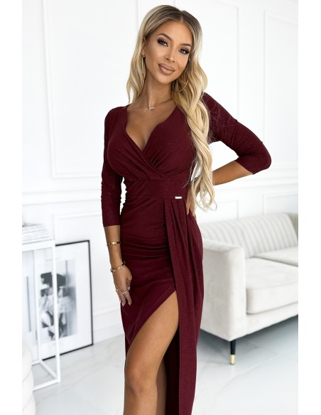  404-5 Shiny dress with a neckline and a slit on the leg - Burgundy color 