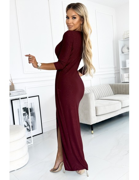  404-5 Shiny dress with a neckline and a slit on the leg - Burgundy color 