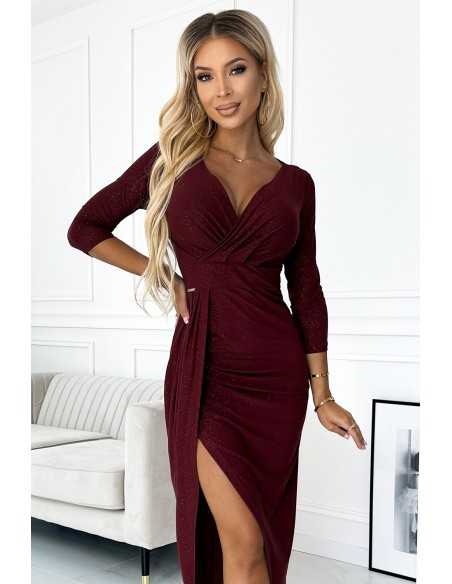  404-5 Shiny dress with a neckline and a slit on the leg - Burgundy color 