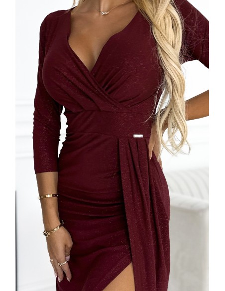  404-5 Shiny dress with a neckline and a slit on the leg - Burgundy color 