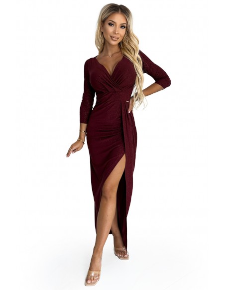  404-5 Shiny dress with a neckline and a slit on the leg - Burgundy color 